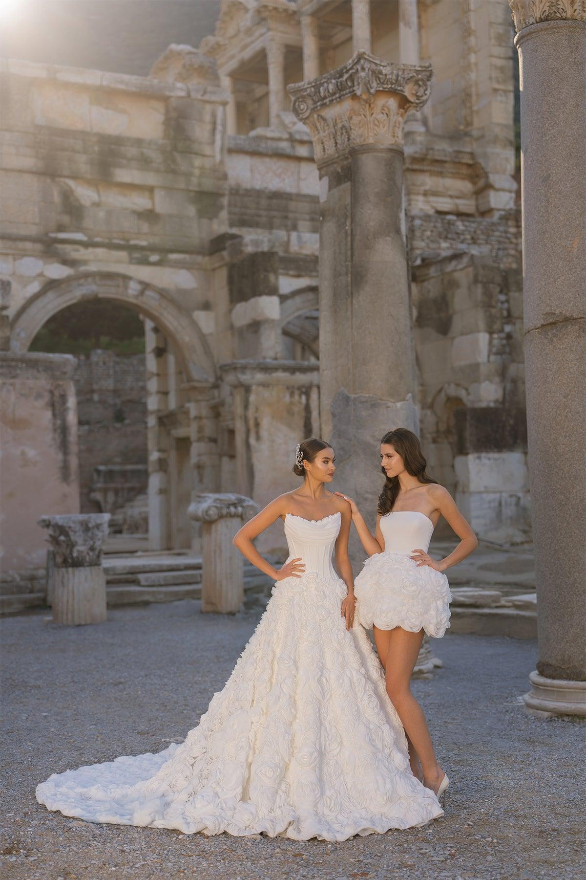 Seneca Straplez Gül Aplikeli Mini After Party Elbisesi - Mediha Cambaz Bridal