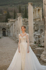 Renoir Kordone Uzun Kollu Entegre Etekli Düz Kesim Gelinlik