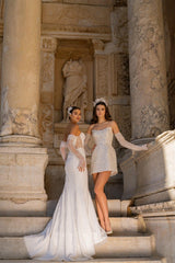 Julius Taşlı Uzun Kollu Kasnak İşi Straplez Balık Gelinlik