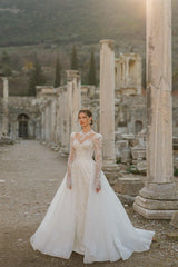 Renoir Kordone Uzun Kollu Entegre Etekli Düz Kesim Gelinlik