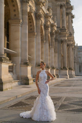 Le Flâneur Halter Yaka Fırfırlı Sırt Dekolteli Balık Gelinlik