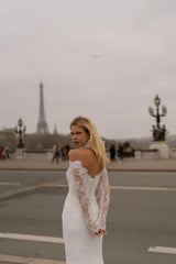 La Belle Uzun Kollu Kayık Yaka İncili Fransız Dantelli Balık Gelinlik