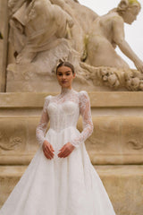 Verano Hakim Yaka Fransız Dantelli Uzun Kollu A Kesim Gelinlik