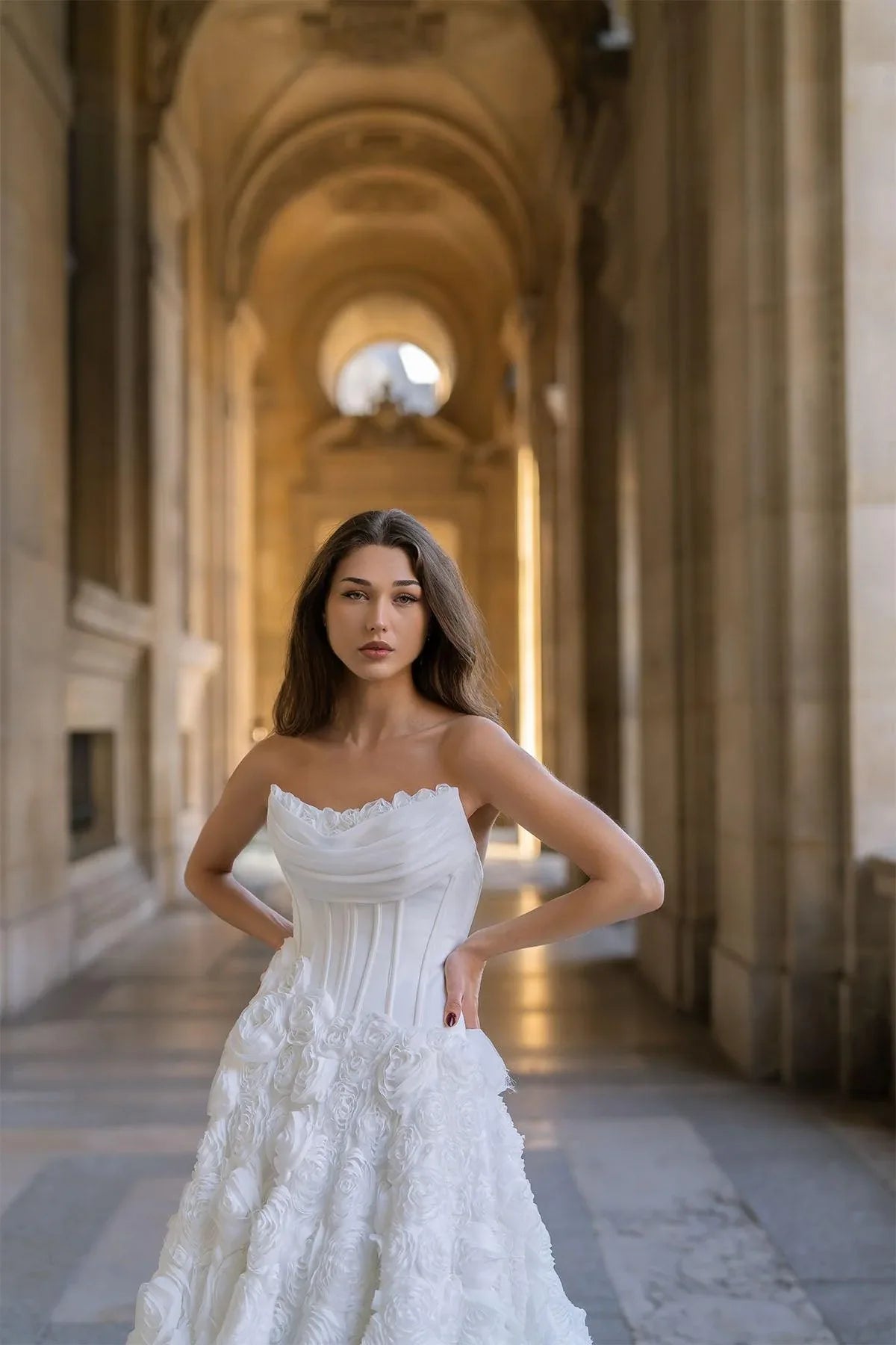 Aurelia Straplez Korsajlı Üç Boyutlu A Kesim Gelinlik - Mediha Cambaz Bridal