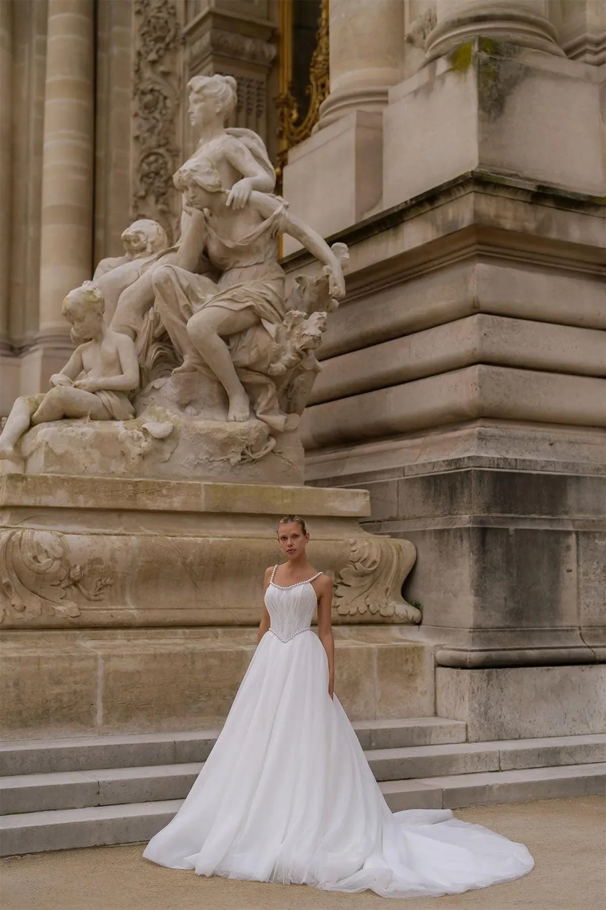 Novella Tül Drapeli İncili Askılı A Kesim Gelinlik - Mediha Cambaz Bridal