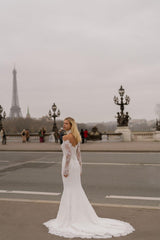 La Belle Uzun Kollu Kayık Yaka İncili Fransız Dantelli Balık Gelinlik