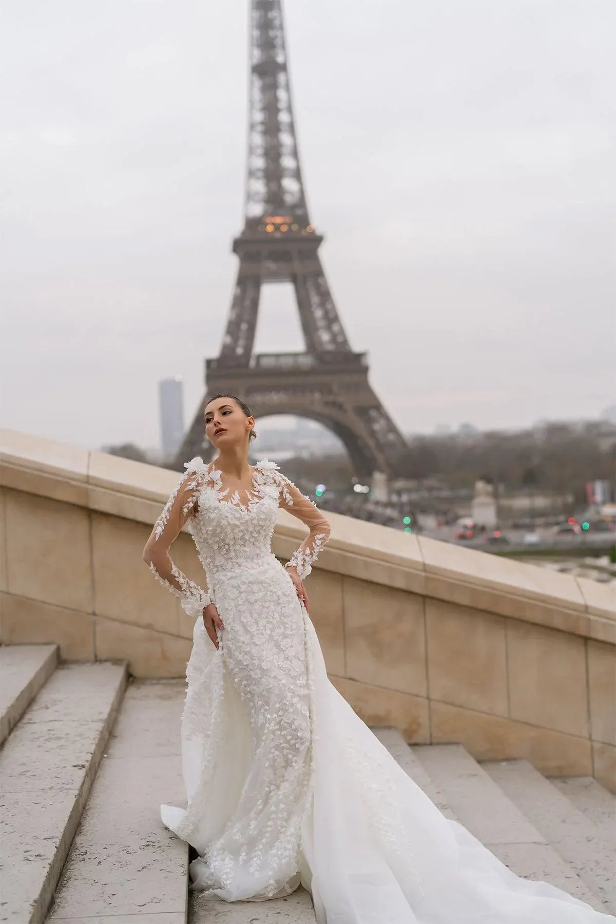 Matisse Entegre Etekli Uzun Kollu Üç Boyutlu Balık Gelinlik - Mediha Cambaz Bridal