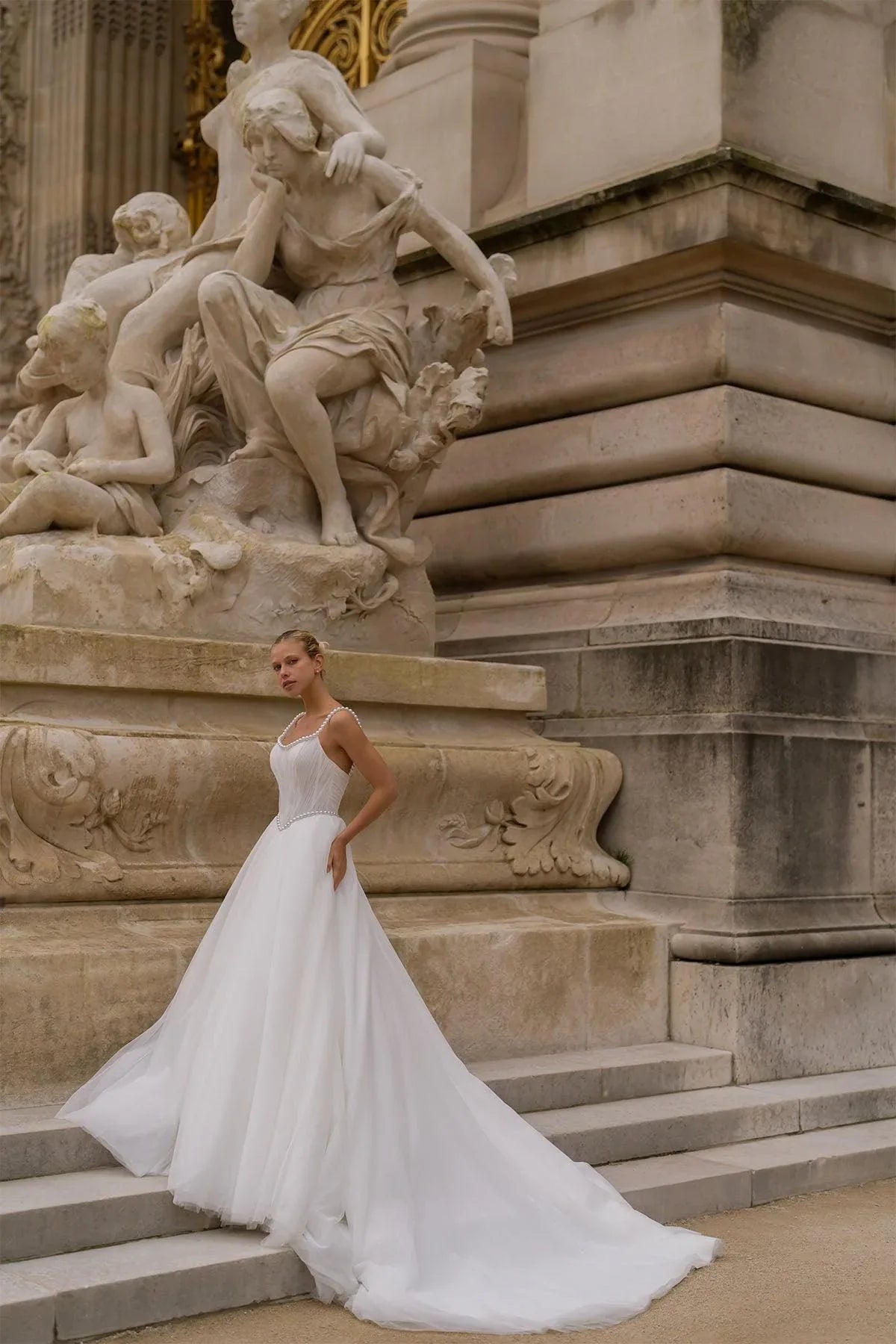 Novella Tül Drapeli İncili Askılı A Kesim Gelinlik - Mediha Cambaz Bridal