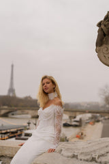 La Belle Uzun Kollu Kayık Yaka İncili Fransız Dantelli Balık Gelinlik