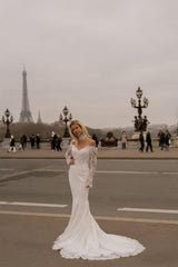 La Belle Uzun Kollu Kayık Yaka İncili Fransız Dantelli Balık Gelinlik