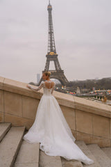 Renoir Kalp Yaka Işıltılı Entegre Etekli Düz Kesim Gelinlik