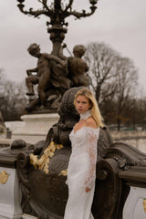 La Belle Uzun Kollu Kayık Yaka İncili Fransız Dantelli Balık Gelinlik