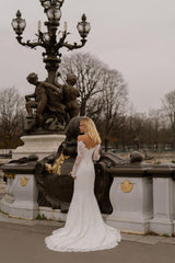 La Belle Uzun Kollu Kayık Yaka İncili Fransız Dantelli Balık Gelinlik