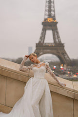 Renoir Kalp Yaka Işıltılı Entegre Etekli Düz Kesim Gelinlik