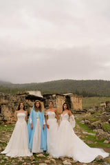 Antiope Drapeli Çiçek Aplikeli Düz Kesim Gelinlik