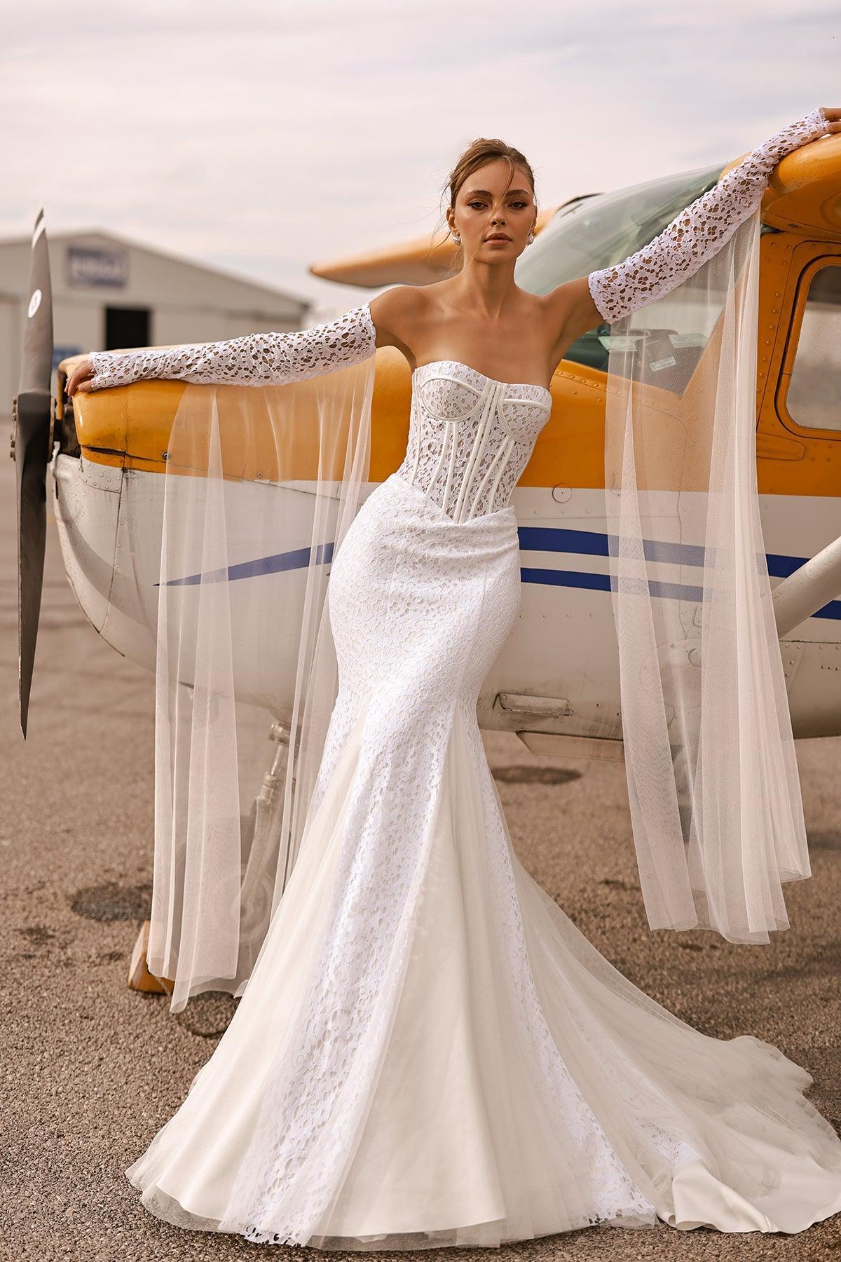 Albus Fransız Dantelli Straplez Balık Gelinlik - Mediha Cambaz Bridal