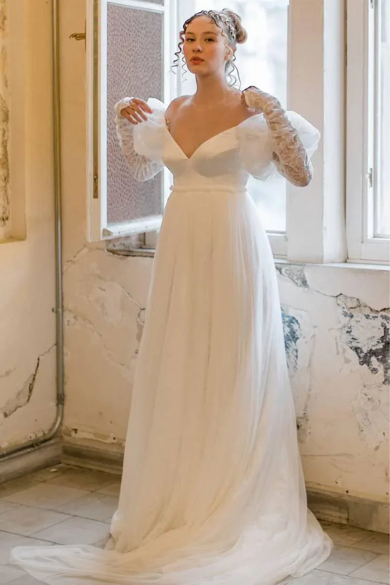 Alice Şifon Balon Kollu Dantel Detaylı Gelinlik - Mediha Cambaz Bridal