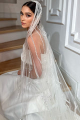 Amber Çizgisel Dantel İşlemeli Özel Tasarım Uzun Duvak - Mediha Cambaz Bridal