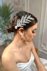 Amy Yaprak Motifli Zirkon Taşlı Gelin Saç Tokası - Mediha Cambaz Bridal
