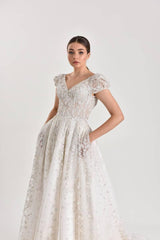 Aurora Simli Yarım Kol Cepli A kesim Gelinlik - Mediha Cambaz Bridal