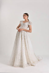 Aurora Simli Yarım Kol Cepli A kesim Gelinlik - Mediha Cambaz Bridal