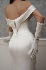 Balanche Kayık Yaka Yırtmaçlı Düz Kesim Gelinlik - Mediha Cambaz Bridal