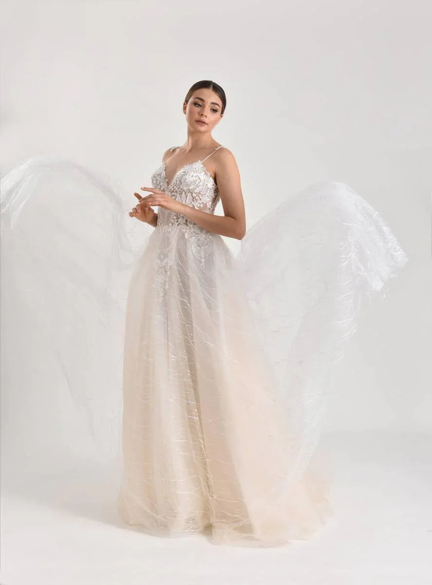 Barre Çizgili Dantel Askılı A Kesim Gelinlik - Mediha Cambaz Bridal