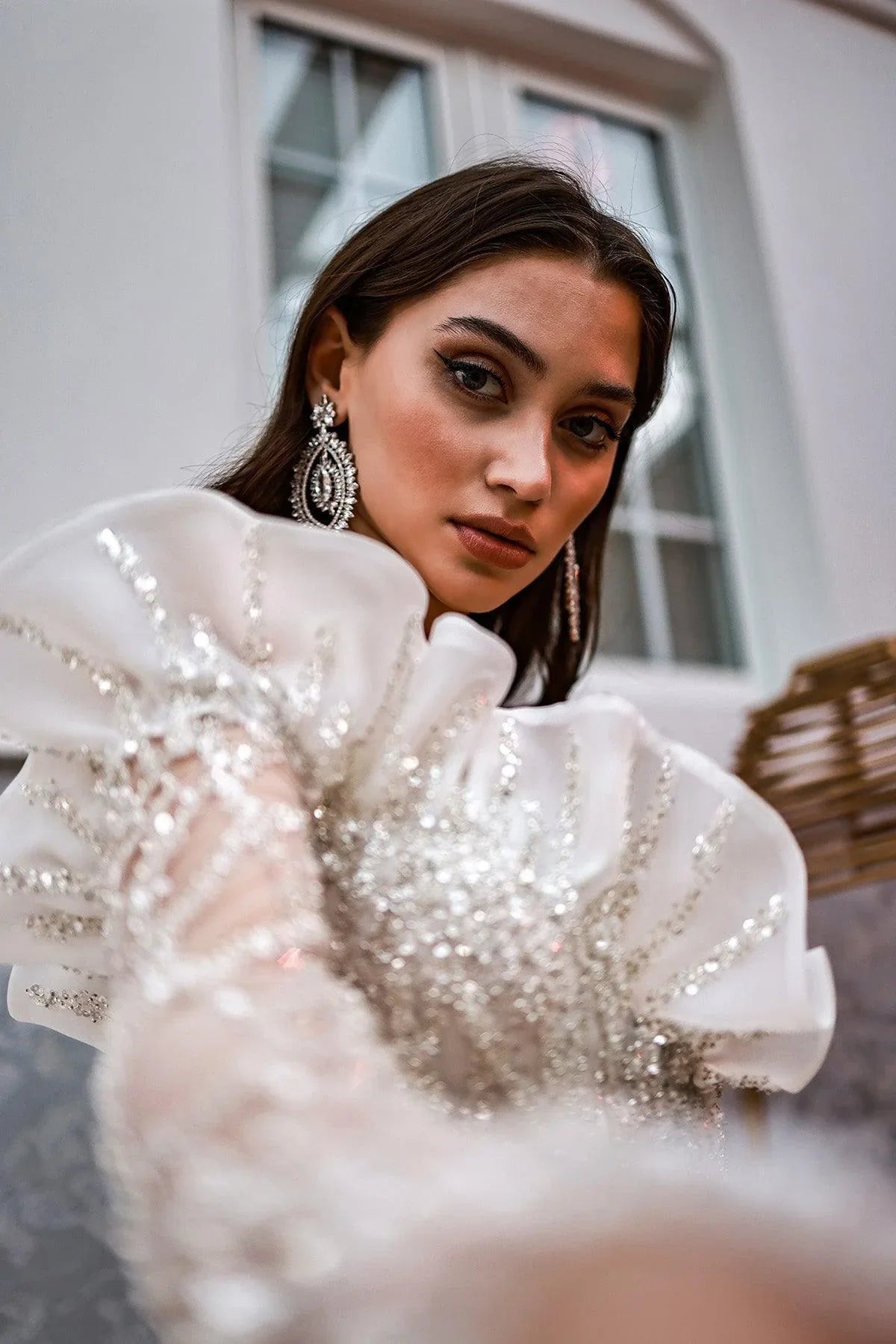 Charlotte Tek Uzun Kollu Gümüş Payetli Prenses Model Gelinlik - Mediha Cambaz Bridal