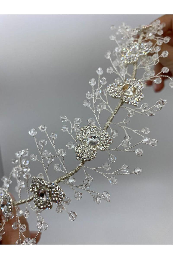 Çiçek Taşlı Kristalli Telli El Yapımı İthal Saç Aksesuarı - Mediha Cambaz Bridal