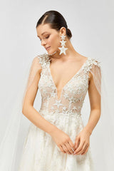 Comet Yıldız Motifli V Yaka A Kesim Gelinlik - Mediha Cambaz Bridal