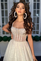 Delfina İncili Kare Yaka A Kesim Gelinlik - Mediha Cambaz Bridal