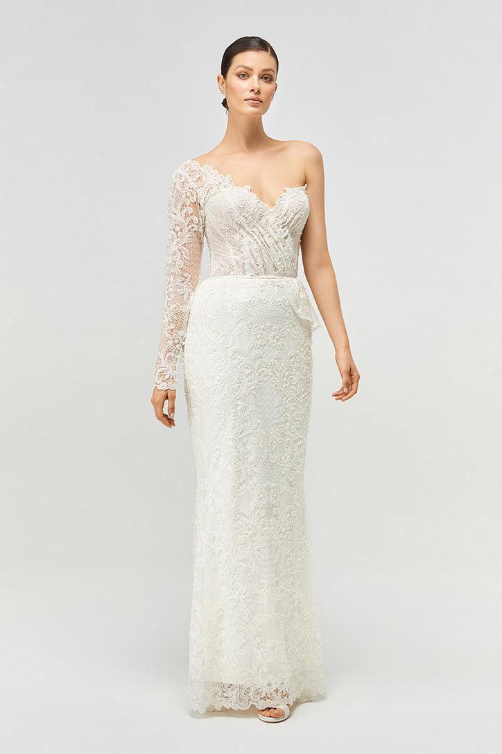 Distinct Özel Dokulu Fransız Danteli Tek Omuz Düz Gelinlik - Mediha Cambaz Bridal