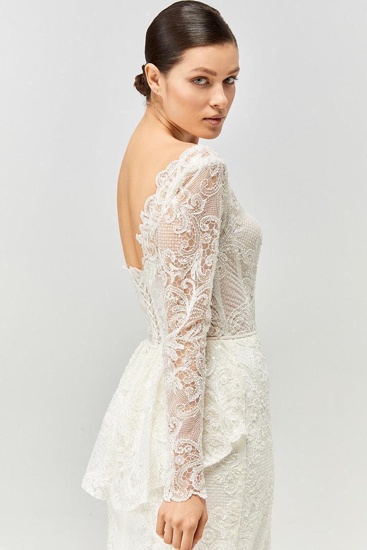 Distinct Özel Dokulu Fransız Danteli Tek Omuz Düz Gelinlik - Mediha Cambaz Bridal