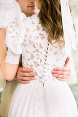 Elyse Lazer Dantel Gigot Kol A Kesim Gelinlik - Mediha Cambaz Bridal