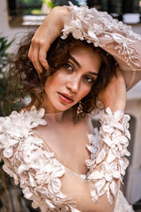 Flamenco Üç Boyut Çiçekli Portatif Uzun Kollu A Kesim Gelinlik - Mediha Cambaz Bridal