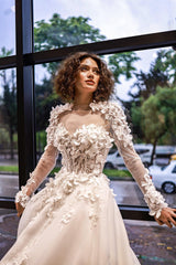 Flamenco Üç Boyut Çiçekli Portatif Uzun Kollu A Kesim Gelinlik - Mediha Cambaz Bridal