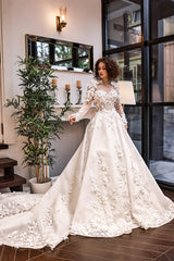 Flamenco Üç Boyut Çiçekli Portatif Uzun Kollu A Kesim Gelinlik - Mediha Cambaz Bridal