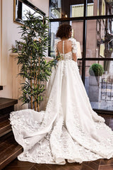 Flamenco Üç Boyut Çiçekli Portatif Uzun Kollu A Kesim Gelinlik - Mediha Cambaz Bridal