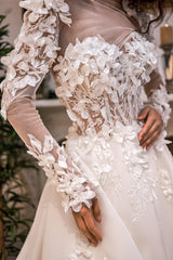 Flamenco Üç Boyut Çiçekli Portatif Uzun Kollu A Kesim Gelinlik - Mediha Cambaz Bridal