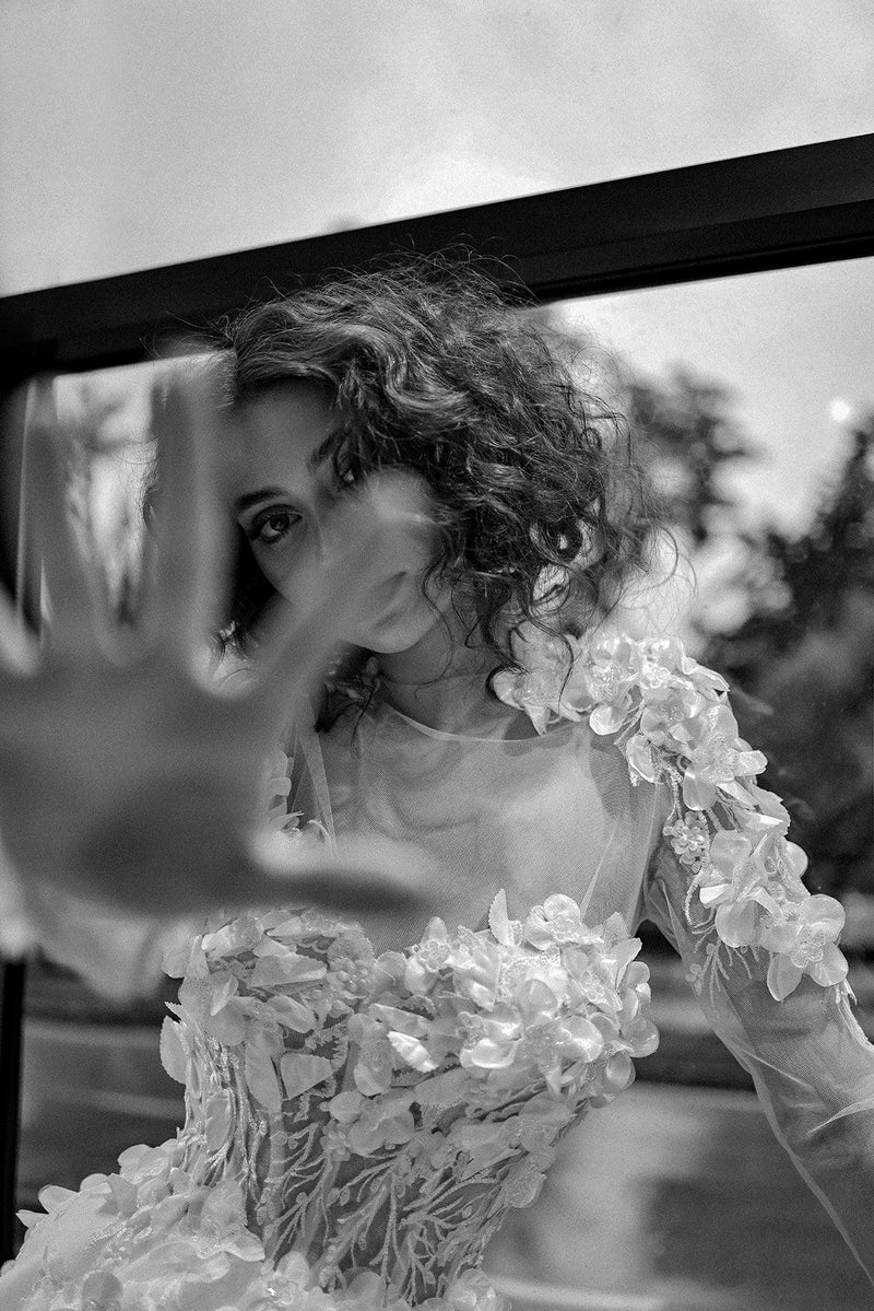 Flamenco Üç Boyut Çiçekli Portatif Uzun Kollu A Kesim Gelinlik - Mediha Cambaz Bridal