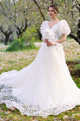 Flora Balon Kol Çiçekli A Kesim Gelinlik - Mediha Cambaz Bridal