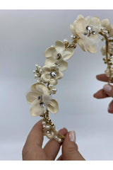 Gold Telli Krem Üç Boyutlu Çiçeklerden Saç Aksesuarı - Mediha Cambaz Bridal