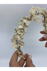 Gold Telli Krem Üç Boyutlu Çiçeklerden Saç Aksesuarı - Mediha Cambaz Bridal