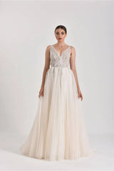 Herac Drapeli Çizgili Dantel A Kesim Gelinlik - Mediha Cambaz Bridal