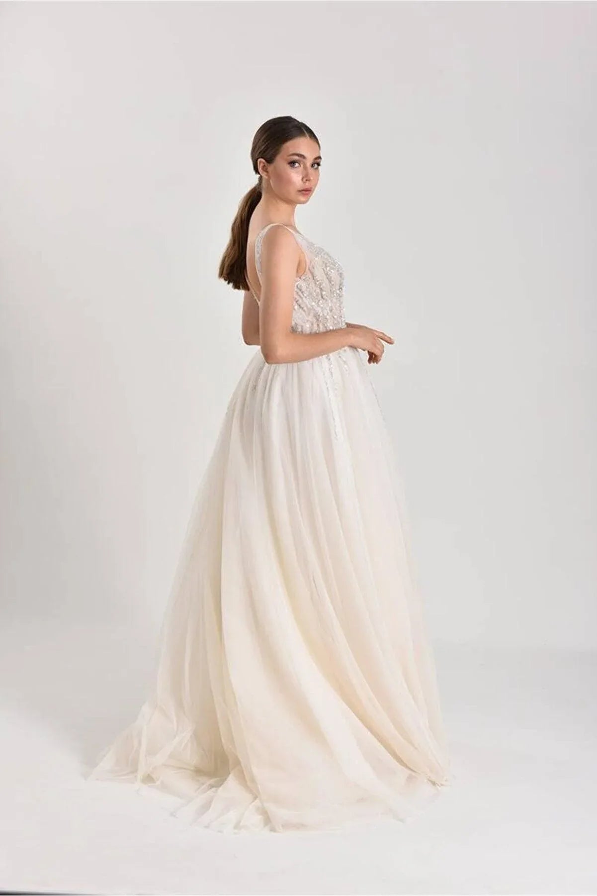 Herac Drapeli Çizgili Dantel A Kesim Gelinlik - Mediha Cambaz Bridal