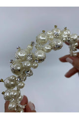 İncili Gümüş Detaylı Geniş Gösterişli Taç - Mediha Cambaz Bridal