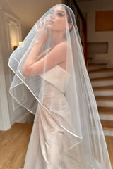 Infanta Kenar Ucu Biyeli Uzun İpek Tül Duvak - Mediha Cambaz Bridal