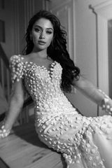 Isla Üç Boyutlu Dantel V Yaka Balık Gelinlik - Mediha Cambaz Bridal