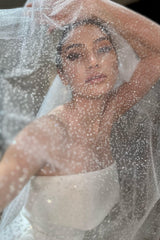 Joanne Kırık Beyaz Büzgülü Simli Uzun Duvak - Mediha Cambaz Bridal