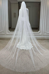 Joanne Kırık Beyaz Büzgülü Simli Uzun Duvak - Mediha Cambaz Bridal